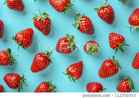 fruit pattern of fresh strawberries slices on green background. Top view. Ai generative 112350353