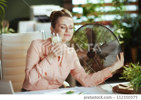 smiling 40 years old business owner woman in green office smiling 40 years old business owner woman in green office 112350375