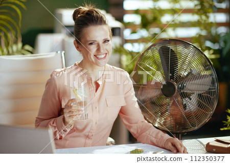 Portrait of smiling woman employee in green office 112350377