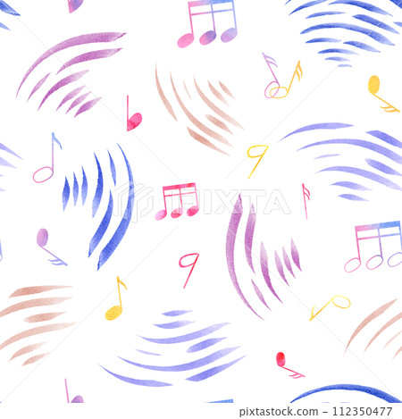 Seamless pattern with abstract music waves and music notes. Multicolored note symbols. Musical cute atmosphere. Watercolor illustration for textile, package, wrapping Seamless pattern with abstract music waves and music notes. Multicolored note symbols. Musical cute atmosphere. Watercolor illustration for textile, package, wrapping 112350477