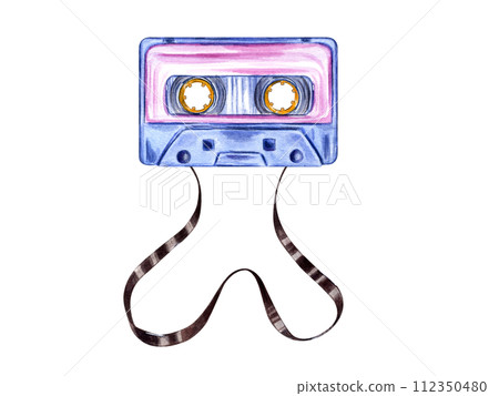 Retro audio Cassettes with tape. Nostalgia. Brown bright magnetic tape. Vintage multicolored compact Cassette. Musical device. Music, sound, playlist, audio equipment. Watercolor illustration 112350480