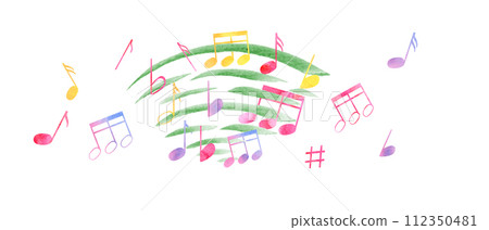 Composition with multicolored music notes. Notes flying through the waves of music. Rainbow color of note symbols. Watercolor illustration in classic style. Clip art for postcard design Composition with multicolored music notes. Notes flying through the waves of music. Rainbow color of note symbols. Watercolor illustration in classic style. Clip art for postcard design 112350481