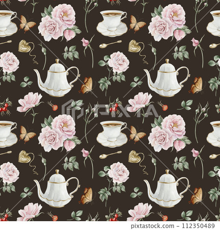 Rose hip pink flowers, red berries, leaves, white porcelain teaware and butterflies, watercolor seamless pattern on dark background. For use in design, fabric, textile, scrapbooking, wallpaper, wrappi 112350489