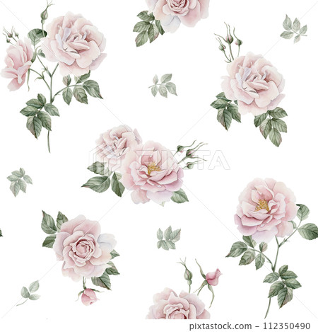 Rose hip pink flowers with buds and green leaves, Victorian style, watercolor seamless pattern on white background. For use in design, fabric, textile, scrapbooking, wallpaper, wrapping papper, gift b 112350490