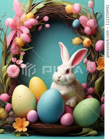 Easter bunny with colorful eggs and flowers on turquoise background 112350492