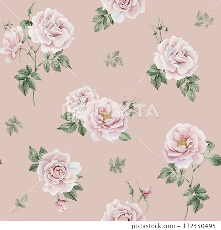 Rose hip pink flowers with buds and green leaves, Victorian style, watercolor seamless pattern on peach pink background. For use in design, fabric, textile, scrapbooking, wallpaper, wrapping papper, g 112350495