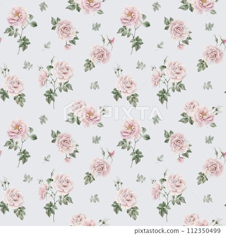 Rose hip pink flowers with buds and green leaves, Victorian style, watercolor seamless pattern on light blue background. For use in design, fabric, textile, scrapbooking, wallpaper, wrapping papper, g 112350499