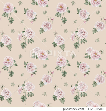 Rose hip pink flowers with buds and green leaves, Victorian style, watercolor seamless pattern on beige background. For use in design, fabric, textile, scrapbooking, wallpaper, wrapping papper, gift b 112350500
