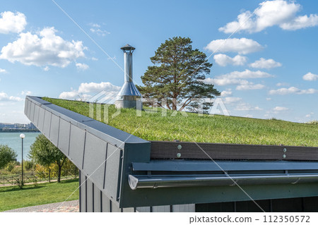 Guest house with metal rebated facade and lawn on flat roof Guest house with metal rebated facade and lawn on flat roof 112350572