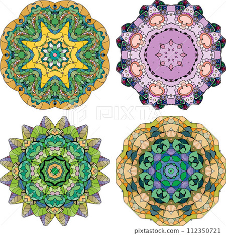 Hand drawn zentangle set of 4 color mandalas for decoration Hand drawn zentangle set of 4 color mandalas for decoration 112350721