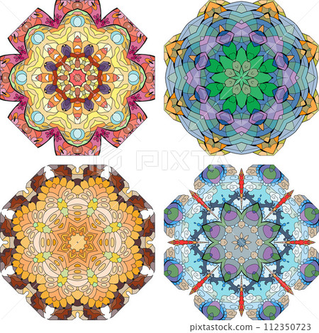 Hand drawn zentangle set of 4 color mandalas for decoration 112350723