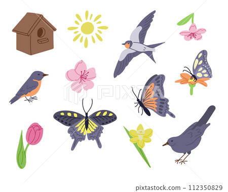 Spring flat collection with birds, butterflies, flowers. For poster, card, scrapbooking , stickers. Sketchy hand drawn elements on white background. Spring flat collection with birds, butterflies, flowers. For poster, card, scrapbooking , stickers. Sketchy hand drawn elements on white background. 112350829