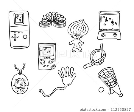 Vintage set of sketchy drawing of toys from 90s. Vector outline doodles of retro toys. Retro concept. Ideal for coloring pages, tattoo, pattern Vintage set of sketchy drawing of toys from 90s. Vector outline doodles of retro toys. Retro concept. Ideal for coloring pages, tattoo, pattern 112350837