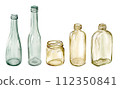 Watercolor set of five empty yellow-green and green-blue bottles 112350841