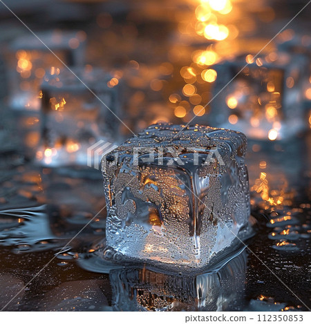 AI-generated content. a few transparent ice cubes in the bar at sunset dark background 112350853