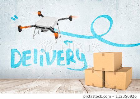 3d rendering of three cardboard boxes and drone with camera flying in air. 3d rendering of three cardboard boxes and drone with camera flying in air. 112350926