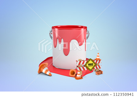 Paint can with red spill and under construction sign Paint can with red spill and under construction sign 112350941