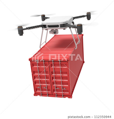 3d rendering of drone lifting red shipping container isolated on white background 3d rendering of drone lifting red shipping container isolated on white background 112350944