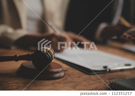 Good service cooperation, Consultation of Businesswoman and Male lawyer or judge counselor having team meeting with client, Law and Legal services concept. 112351257