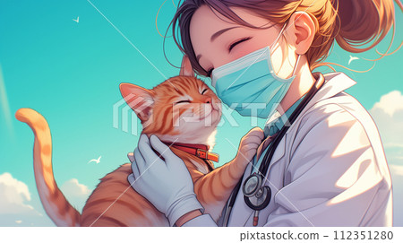 Female veterinarian holding a cat in her arms. 3D rendering. 112351280