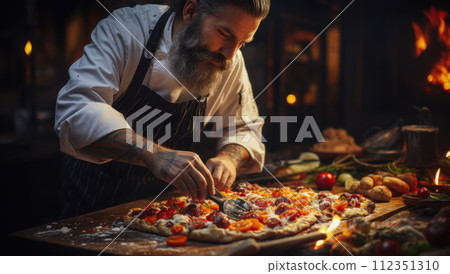Young Caucasian tanned beautiful elegant woman eating delicious Italian thick pizza in a restaurant 112351310