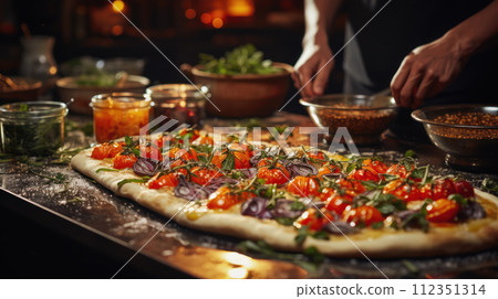 Delicious Italian pizza. Traditional homemade pizza. Mediterranean style 112351314