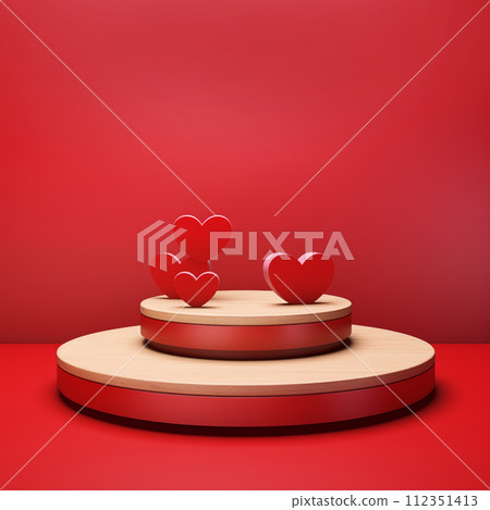 Wooden podium with hearts for product display on red background, Valentine's day card , Abstract mock up background Wooden podium with hearts for product display on red background, Valentine's day card , Abstract mock up background 112351413