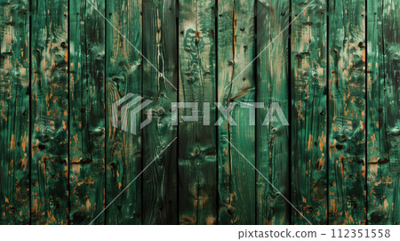 Dark green old wooden texture closeup shot. Wooden boards of natural painted dark green wooden color with knots and grains in vertical Dark green old wooden texture closeup shot. Wooden boards of natural painted dark green wooden color with knots and grains in vertical 112351558