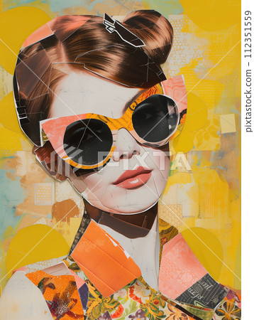 Minimalistic collage of woman in glasses, fasion style and orange, yellow color at the background. Surreal collage-style paintings Minimalistic collage of woman in glasses, fasion style and orange, yellow color at the background. Surreal collage-style paintings 112351559