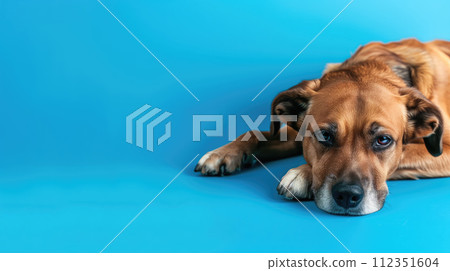 Advertising shot, portrait of sad dog lying on the floor with raised ears isolated on solid blue background 112351604