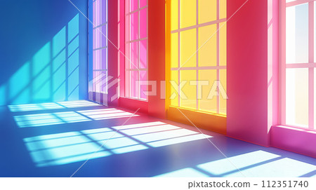 Room illuminated by the vibrant hues cast through colorful window panes. minimalistic background, product presentation 112351740