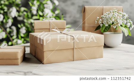 Chic eco-friendly gift boxes, indoor floral backdrop. Craft eco Gift or present box. Zero waste, eco friendly concept. 112351742