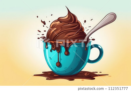 Luxurious and tempting process of pouring rich and creamy chocolate into cup with ice cream, coffee. For advertising, banner, relaxation, menu, dessert, culinary or cafe themed content. Copy space. 112351777