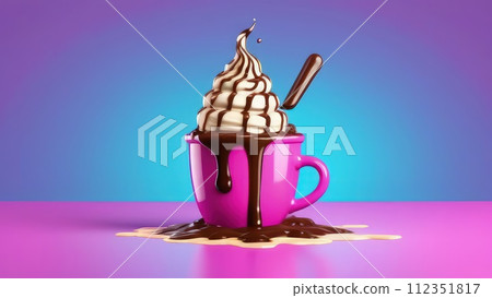 Delicious ice cream coffee dessert in cup, beautifully presented on vibrant pink background. For advertising, banner, relaxation, lifestyle, menu, dessert, culinary, cafe themed content. Copy space. 112351817
