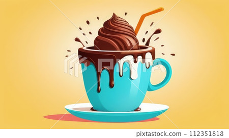 Delicious chocolate ice cream coffee dessert served in cup on pastel background, ready to be enjoyed. For advertising, banner, relaxation, menu, dessert, culinary or cafe themed content. Copy space. 112351818