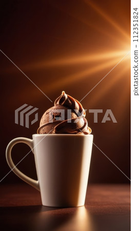 Combines elements of coffee cup, ice cream, chocolate creating visually appealing luxurious image against dark backdrop. For advertising, banner, menu, dessert, cafe themed content. Copy space. Combines elements of coffee cup, ice cream, chocolate creating visually appealing luxurious image against dark backdrop. For advertising, banner, menu, dessert, cafe themed content. Copy space. 112351824