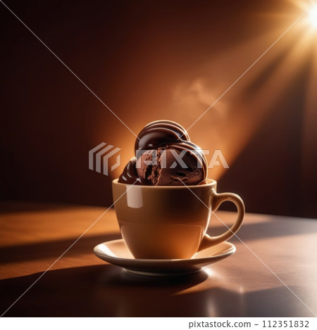 Delicious cup of ice cream sits on table in front of window, basking in natural light. For advertising, banner, relaxation, lifestyle, menu, food, dessert, culinary or cafe themed content. Copy space. 112351832