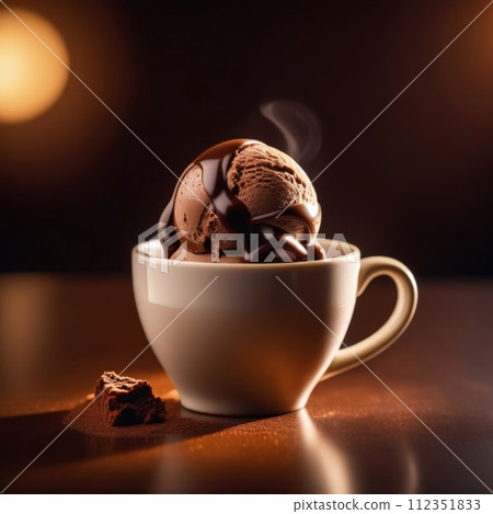 Cup of coffee topped with creamy ice cream and decadent chocolate, set against dark background. For advertising, banner, relaxation, lifestyle, menu, dessert, culinary, cafe themed content.Copy space. Cup of coffee topped with creamy ice cream and decadent chocolate, set against dark background. For advertising, banner, relaxation, lifestyle, menu, dessert, culinary, cafe themed content.Copy space. 112351833
