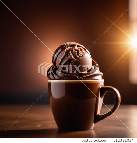 Combines elements of coffee cup, ice cream, chocolate creating visually appealing luxurious image against dark backdrop. For advertising, banner, menu, dessert, cafe themed content. Copy space. 112351834