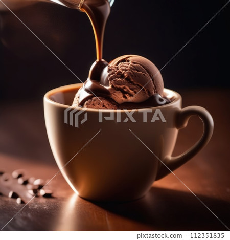 Luxurious and tempting process of pouring rich and creamy chocolate into cup with ice cream, coffee. For advertising, banner, relaxation, menu, dessert, culinary or cafe themed content. Copy space. 112351835