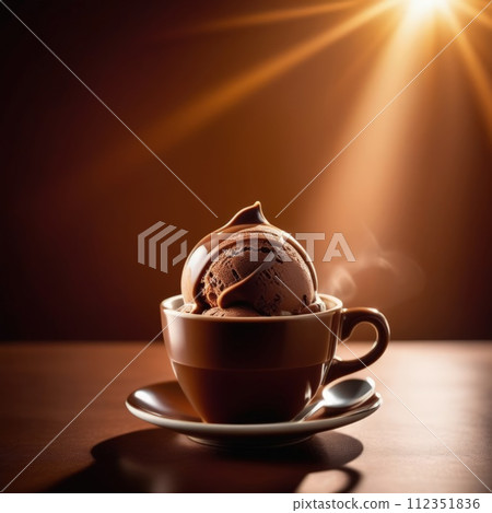 Delicious cup of ice cream sits on table in front of window, basking in natural light. For advertising, banner, relaxation, lifestyle, menu, food, dessert, culinary or cafe themed content. Copy space. 112351836