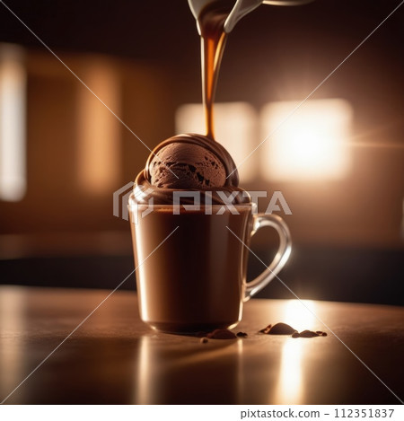 Luxurious and tempting process of pouring rich and creamy chocolate into cup with ice cream, coffee. For advertising, banner, relaxation, menu, dessert, culinary or cafe themed content. Copy space. 112351837