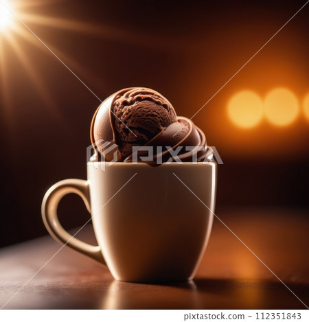 Delicious cup of ice cream sits on table in front of window, basking in natural light. For advertising, banner, relaxation, lifestyle, menu, food, dessert, culinary or cafe themed content. Copy space. Delicious cup of ice cream sits on table in front of window, basking in natural light. For advertising, banner, relaxation, lifestyle, menu, food, dessert, culinary or cafe themed content. Copy space. 112351843
