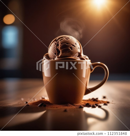 Combines elements of coffee cup, ice cream, chocolate creating visually appealing luxurious image against dark backdrop. For advertising, banner, menu, dessert, cafe themed content. Copy space. Combines elements of coffee cup, ice cream, chocolate creating visually appealing luxurious image against dark backdrop. For advertising, banner, menu, dessert, cafe themed content. Copy space. 112351848