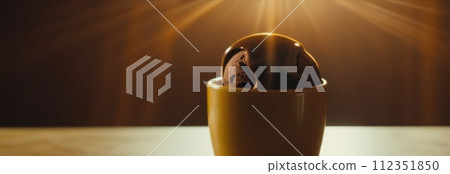 Delicious cup of ice cream sits on table in front of window, basking in natural light. For advertising, banner, relaxation, lifestyle, menu, food, dessert, culinary or cafe themed content. Copy space. 112351850
