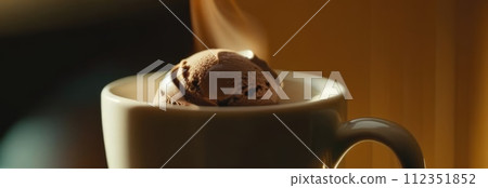 Combines elements of coffee cup, ice cream, chocolate creating visually appealing luxurious image against dark backdrop. For advertising, banner, menu, dessert, cafe themed content. Copy space. 112351852