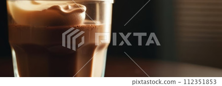 Cup of coffee topped with creamy ice cream and decadent chocolate, set against dark background. For advertising, banner, relaxation, lifestyle, menu, dessert, culinary, cafe themed content.Copy space. Cup of coffee topped with creamy ice cream and decadent chocolate, set against dark background. For advertising, banner, relaxation, lifestyle, menu, dessert, culinary, cafe themed content.Copy space. 112351853