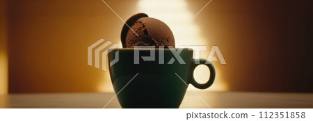 Delicious cup of ice cream sits on table in front of window, basking in natural light. For advertising, banner, relaxation, lifestyle, menu, food, dessert, culinary or cafe themed content. Copy space. Delicious cup of ice cream sits on table in front of window, basking in natural light. For advertising, banner, relaxation, lifestyle, menu, food, dessert, culinary or cafe themed content. Copy space. 112351858