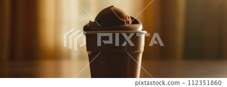 Delicious cup of ice cream sits on table in front of window, basking in natural light. For advertising, banner, relaxation, lifestyle, menu, food, dessert, culinary or cafe themed content. Copy space. Delicious cup of ice cream sits on table in front of window, basking in natural light. For advertising, banner, relaxation, lifestyle, menu, food, dessert, culinary or cafe themed content. Copy space. 112351860