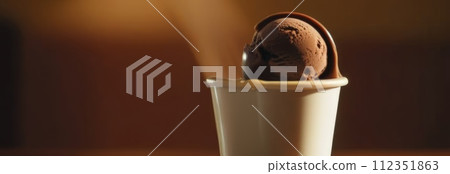 Cup of coffee topped with creamy ice cream and decadent chocolate, set against dark background. For advertising, banner, relaxation, lifestyle, menu, dessert, culinary, cafe themed content.Copy space. Cup of coffee topped with creamy ice cream and decadent chocolate, set against dark background. For advertising, banner, relaxation, lifestyle, menu, dessert, culinary, cafe themed content.Copy space. 112351863